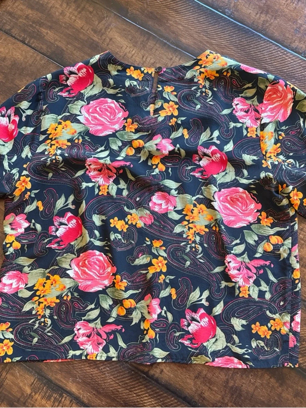 Floral Short Sleeve 100% SilkTop in Black, Pink & Orange - Picture 2 of 5